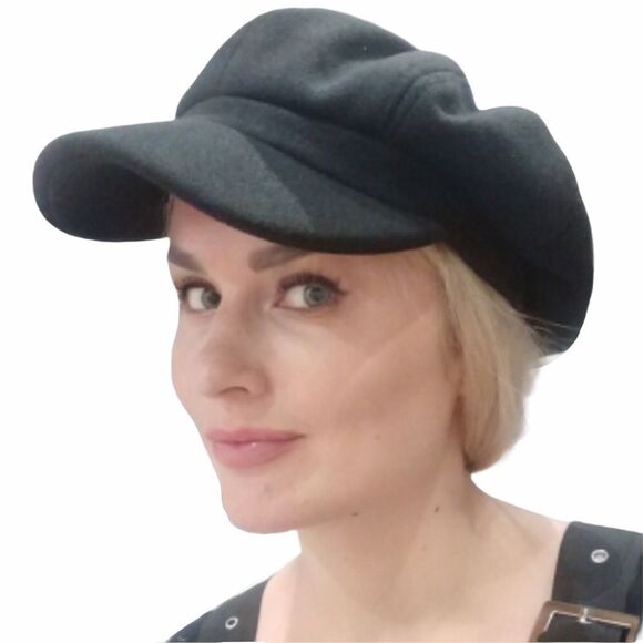 Black Floppy Button Top Stiff Curve Brim Newsboy Cap NEW - Picture 3 of 4